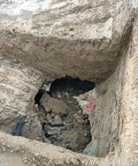 Photos showing CCTV survey, debris washed through during scour test and the void from above - supporting image